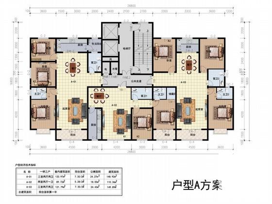 高层住宅楼一梯三户型平面图纸（148、110平方米）(三室两厅两卫) - 1