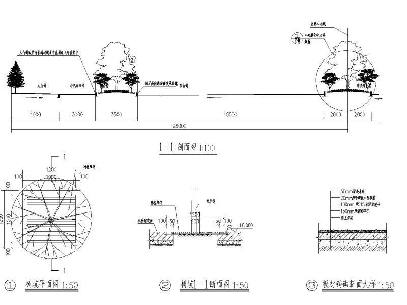 1-1剖面图 树坑大样图
