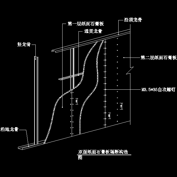 双面纸面石膏板隔断安装构造CAD图纸 - 1