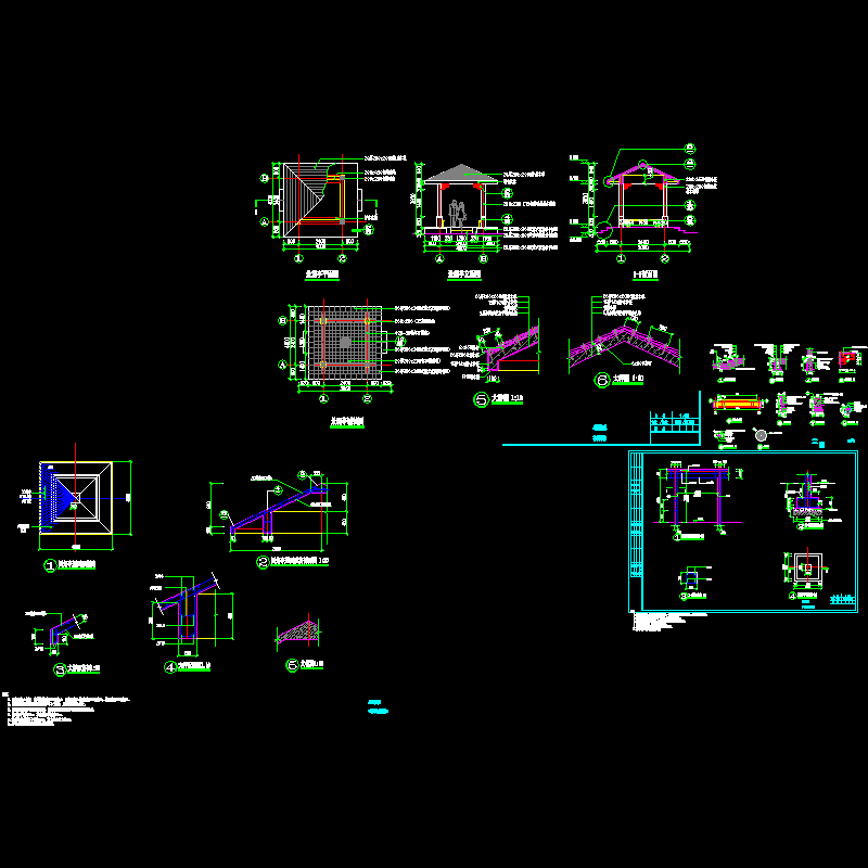 中式四角景观亭、座椅施工CAD详大样图 - 1