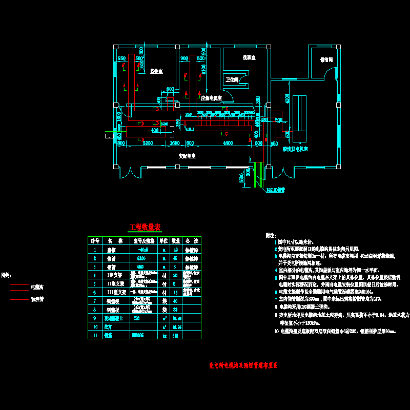 复合式衬砌隧道变电所电缆沟及预埋管道布置节点CAD详图纸设计 - 1