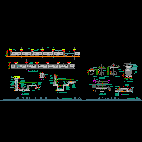 小区入口流水景墙和花钵施工详细设计CAD图纸 - 1