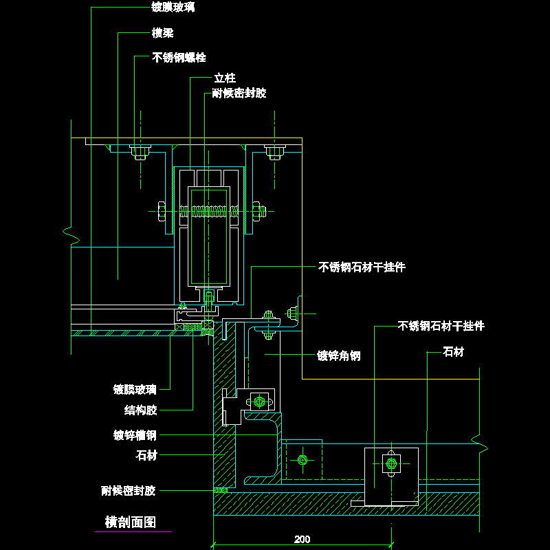 吊挂式玻璃幕墙节点构造CAD详图纸（十五）（横剖面图纸一） - 1