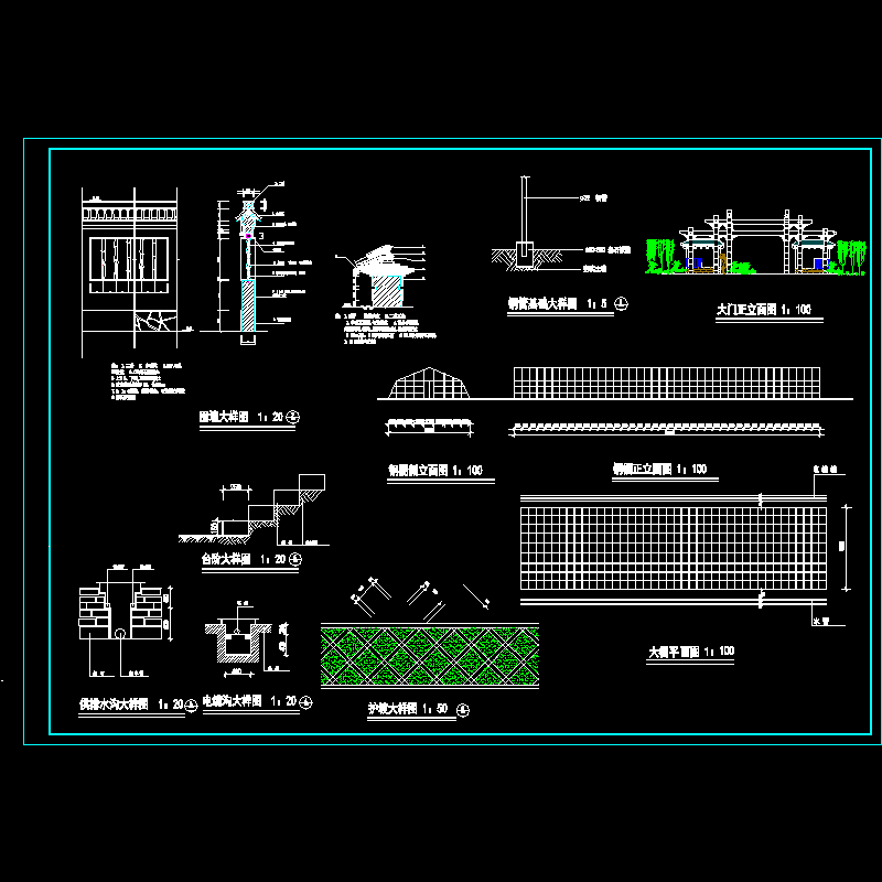 牌坊大门CAD施工图纸设计_含围墙大样 - 1