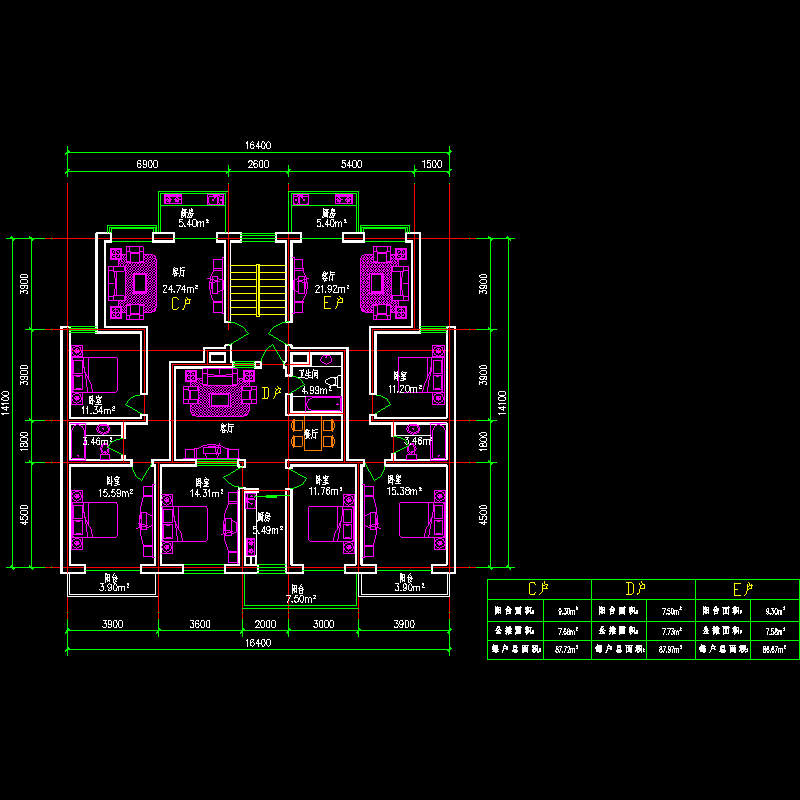 板式多层一梯三户户型图纸(88/88//87).dwg - 1