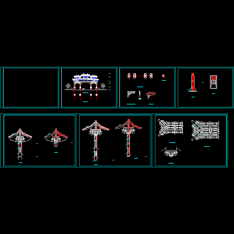 四柱七楼牌楼施工CAD详图纸 - 1