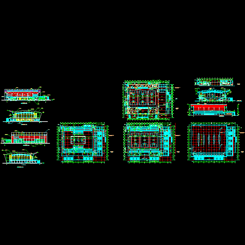 玻璃幕悬挑结构大学生体育馆建筑设计方案,平面图轴立面图 - 1