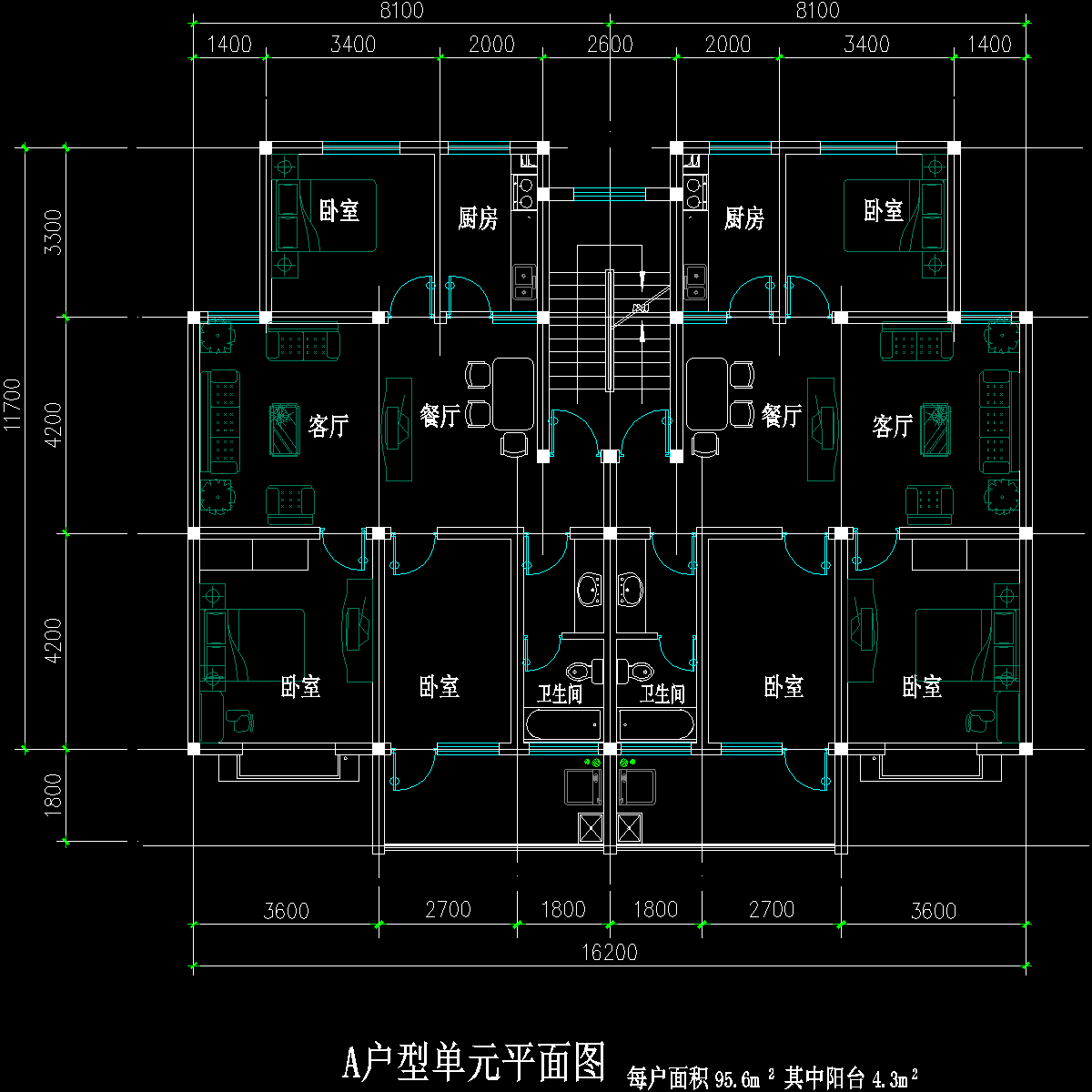 板式多层一梯二户户型CAD图纸 - 1