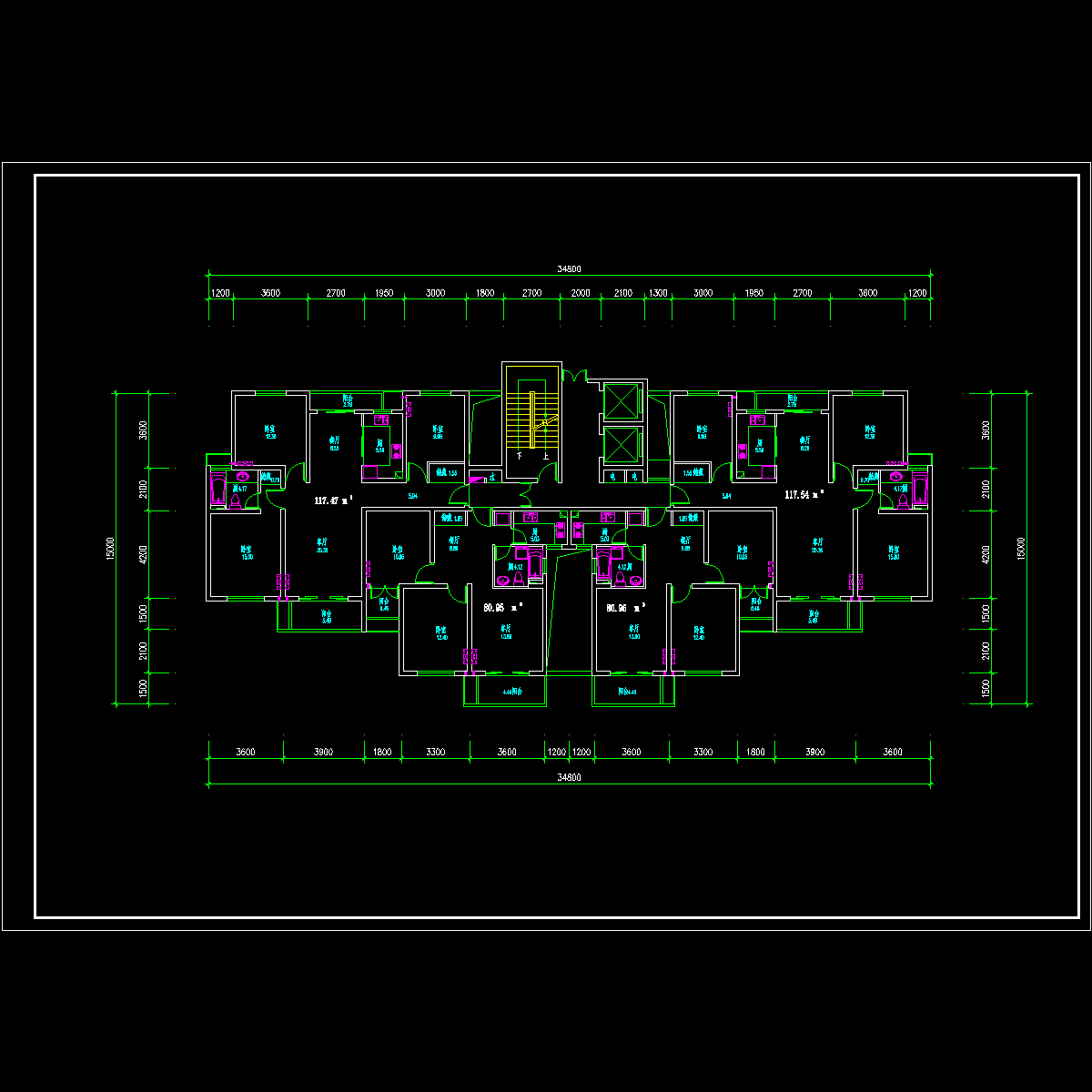 高层住宅一梯四户型CAD图纸（117、80平方米） - 1