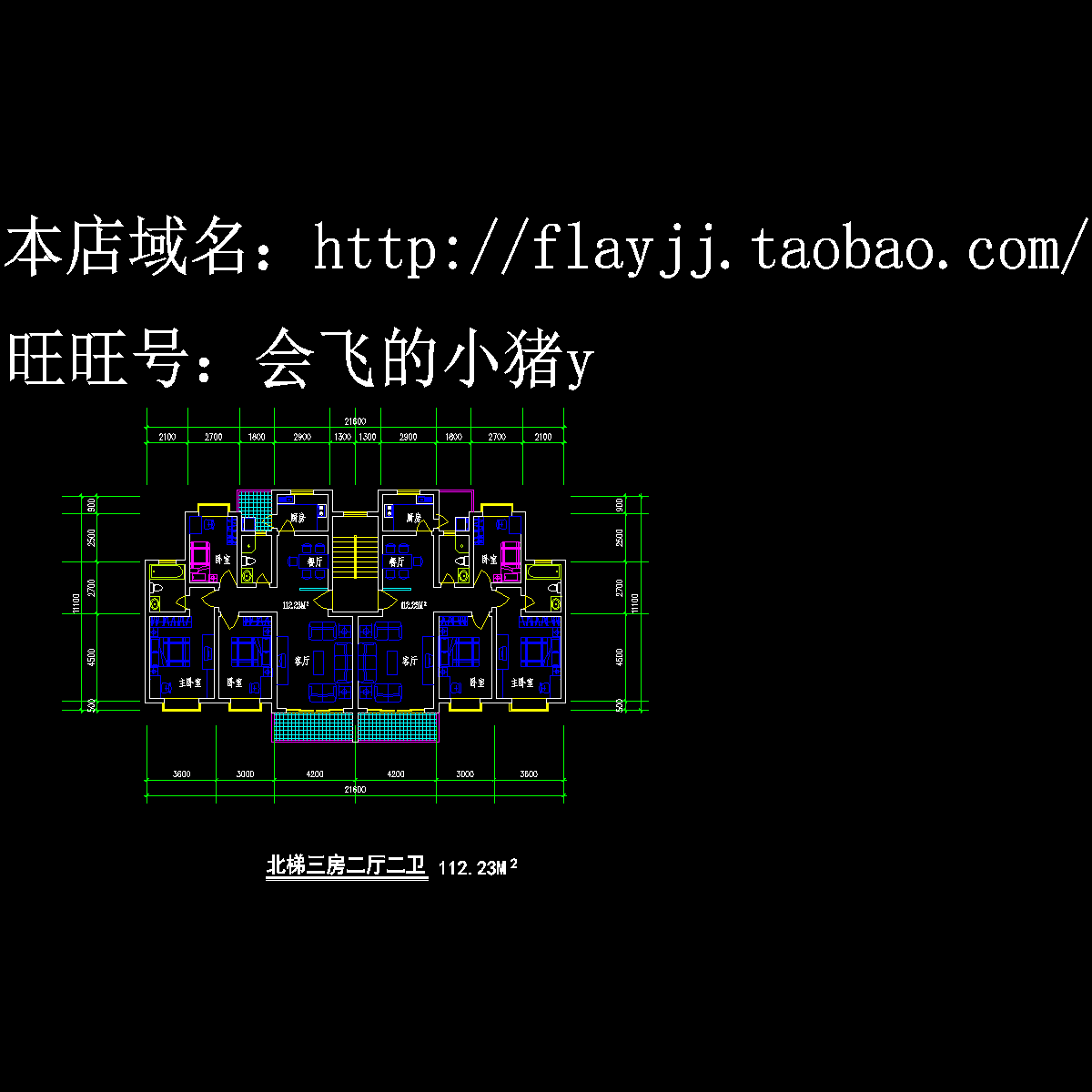 1种方案-1梯2户户型对称【北梯，3室2厅2卫2阳台、每户112.23平米】.dwg