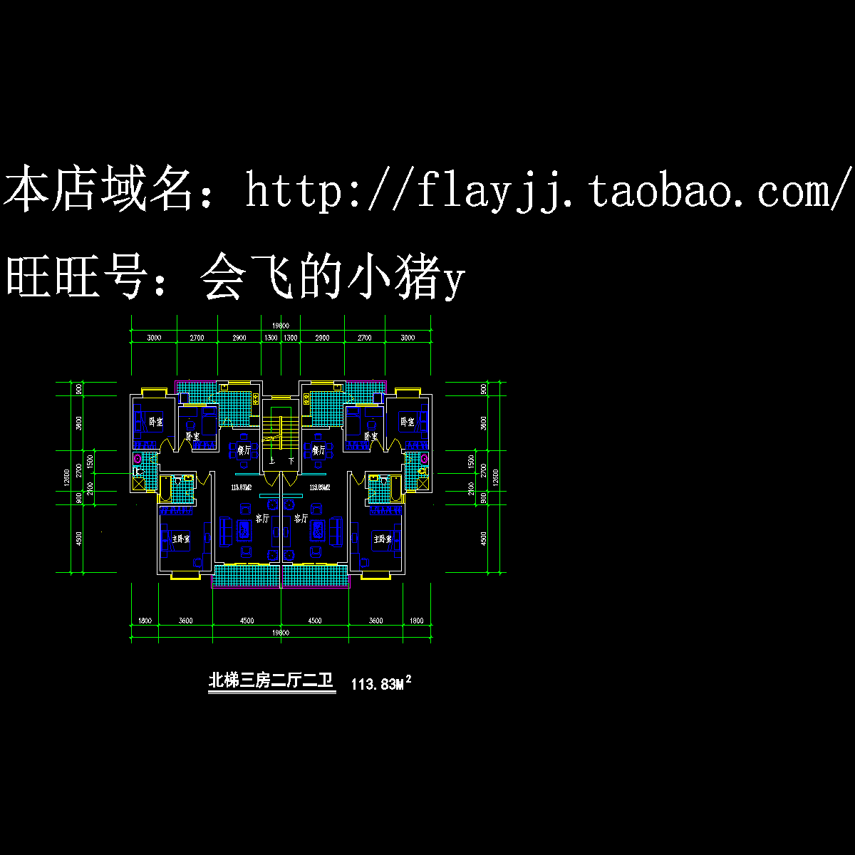 1种方案-1梯2户户型对称【北梯，3室2厅2卫2阳台、每户113.83平米】.dwg