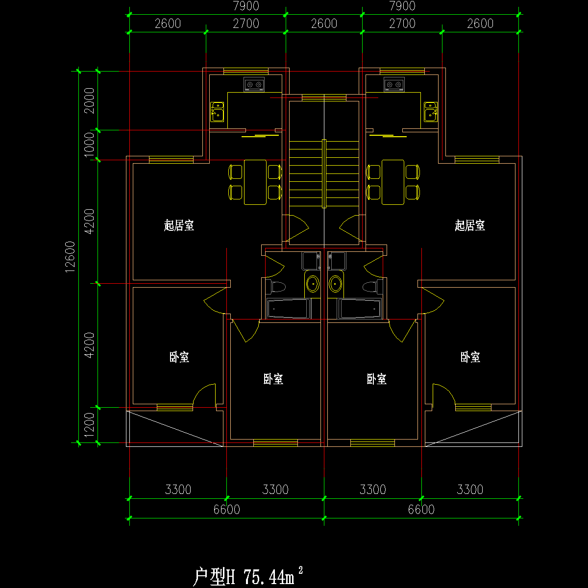 板式多层一梯两户户型CAD图纸 - 1