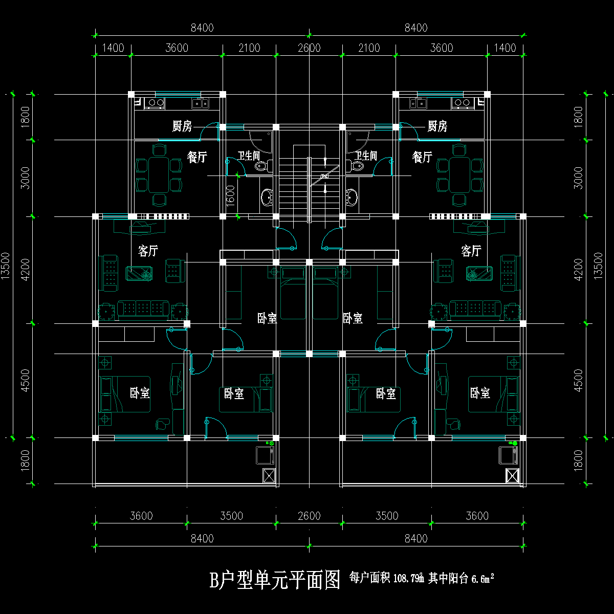 板式多层一梯二户户型CAD图纸 - 1