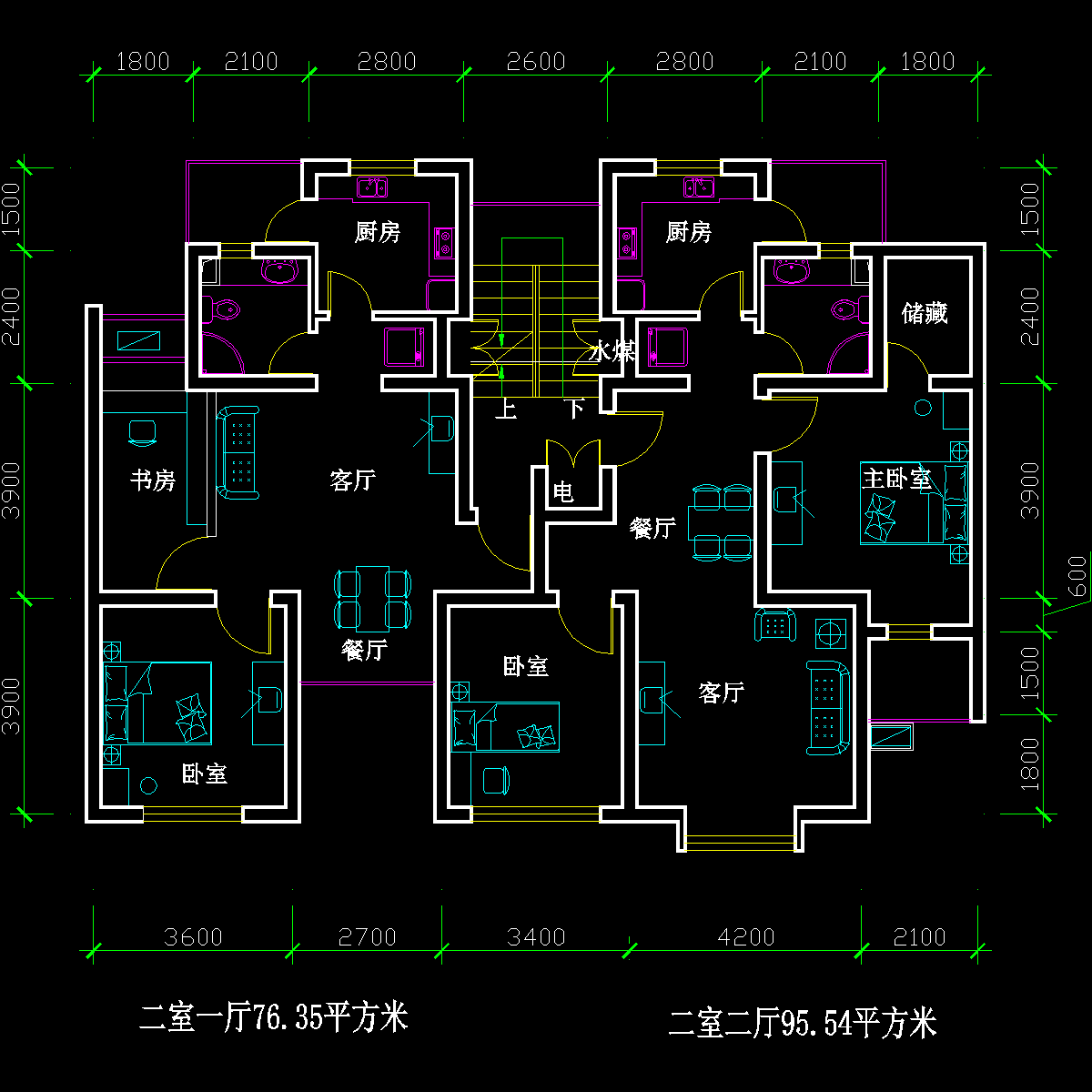 板式多层一梯二户二室一厅、二室二厅户型CAD图纸 - 1