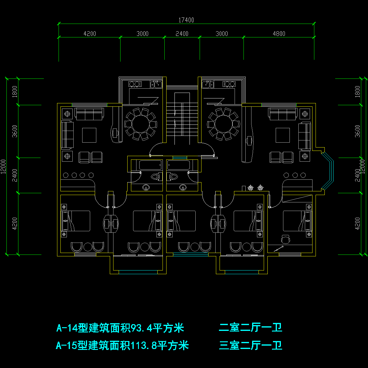 板式多层一梯二户户型CAD图纸 - 1