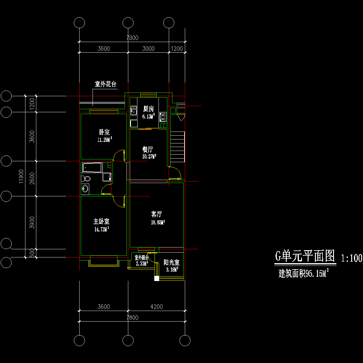 板式多层三室单户户型CAD图纸 - 1