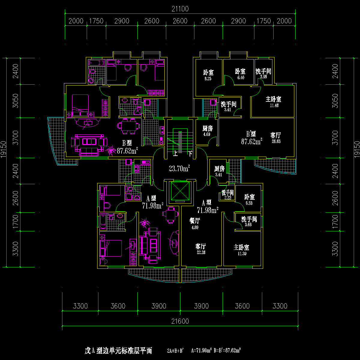 高层塔式一梯四户户型（72/72/87.6/87.6）_CAD - 1