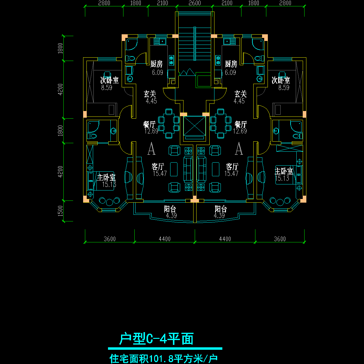 板式高层一梯二户户型CAD图纸 - 1