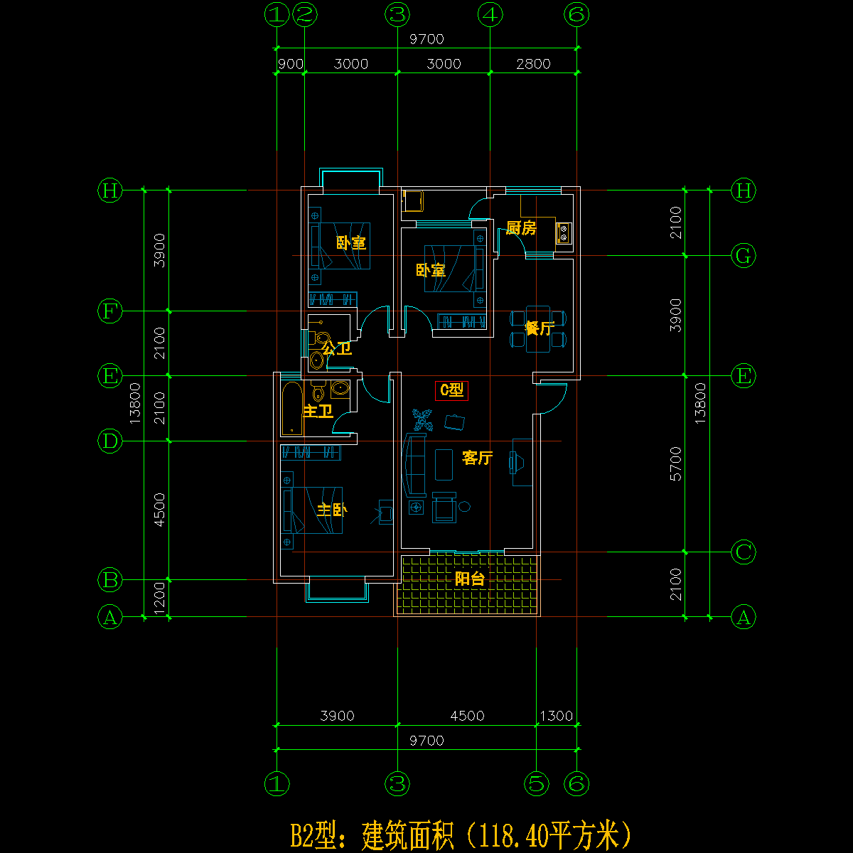 板式多层单户三室一厅二卫户型CAD图纸 - 1