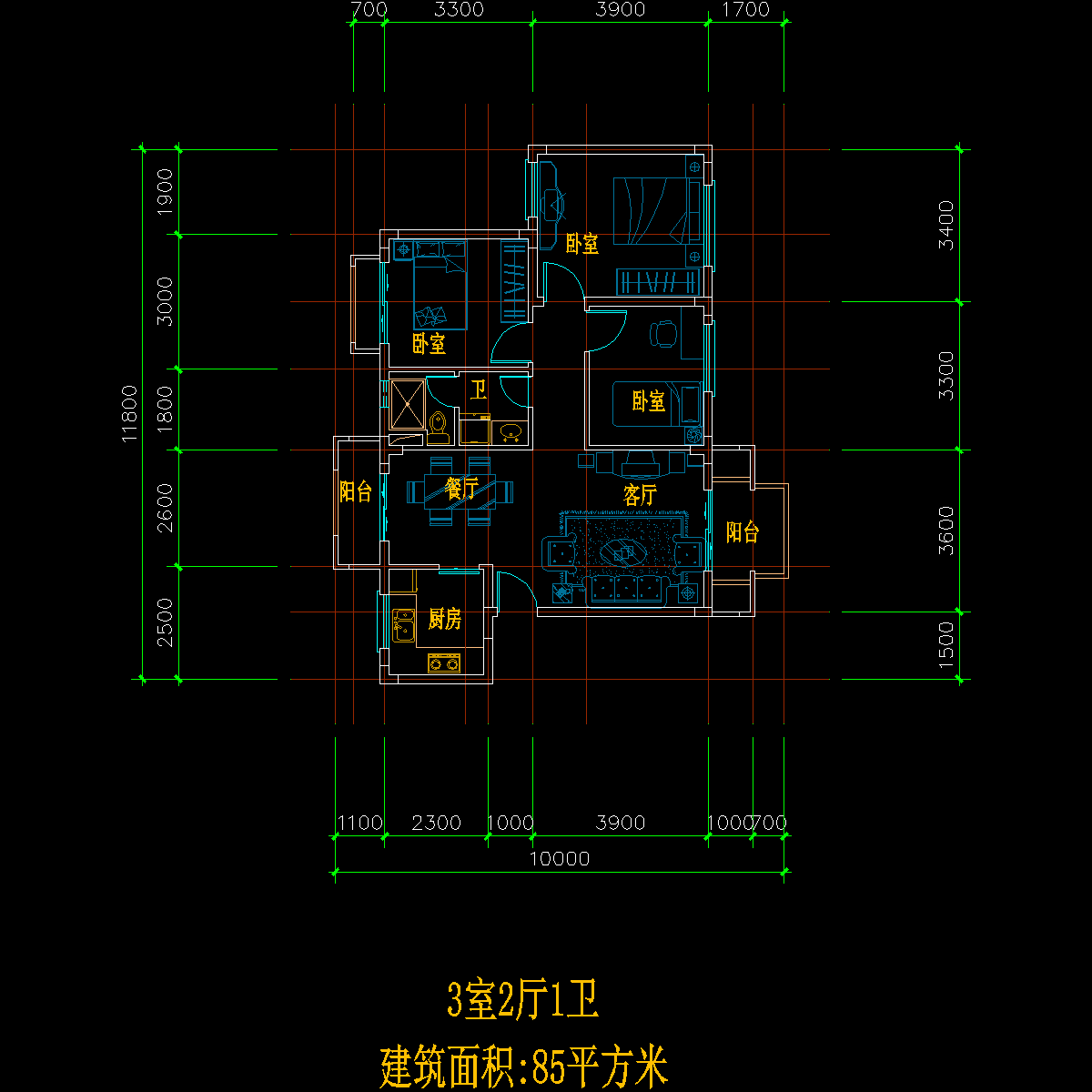 板式多层单户三室二厅一卫户型CAD图纸 - 1