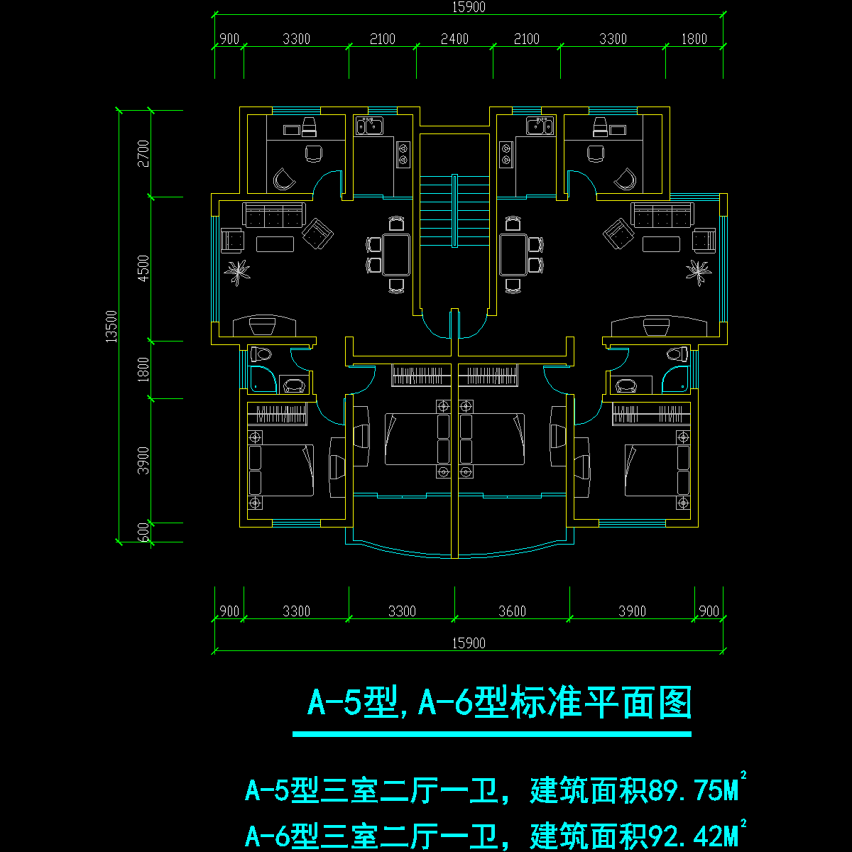 板式多层一梯二户三室二厅一卫户型CAD图纸 - 1