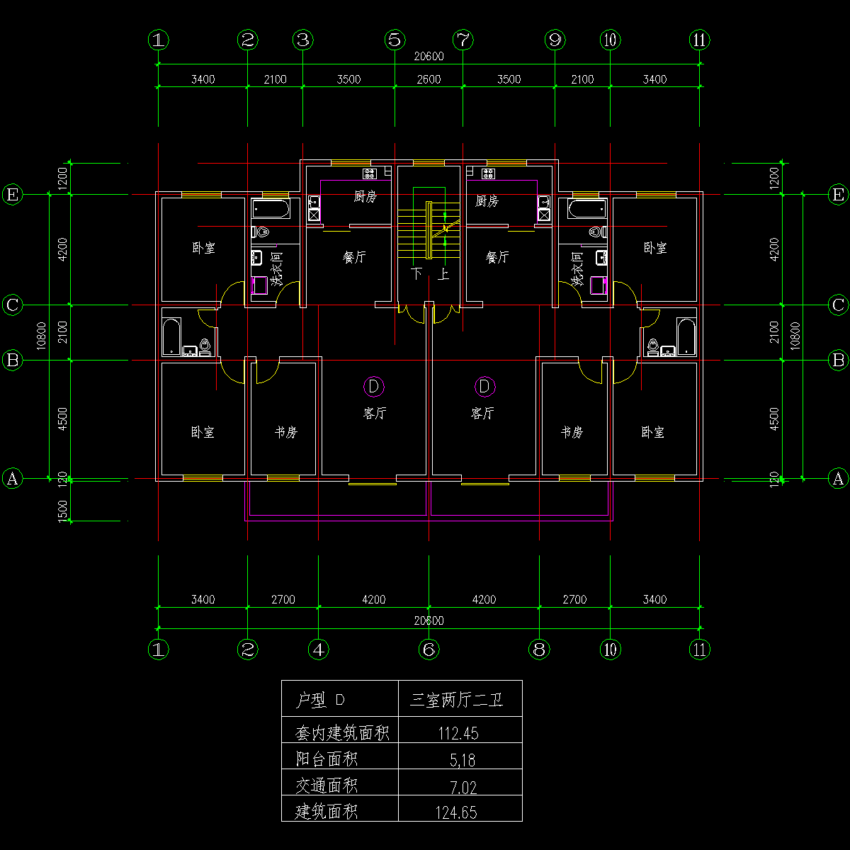 板式多层一梯两户三室二厅二卫户型CAD图纸 - 1