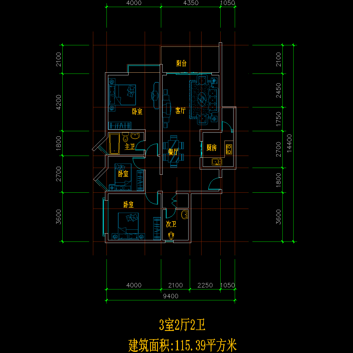 板式多层单户三室二厅二卫户型CAD图纸 - 1