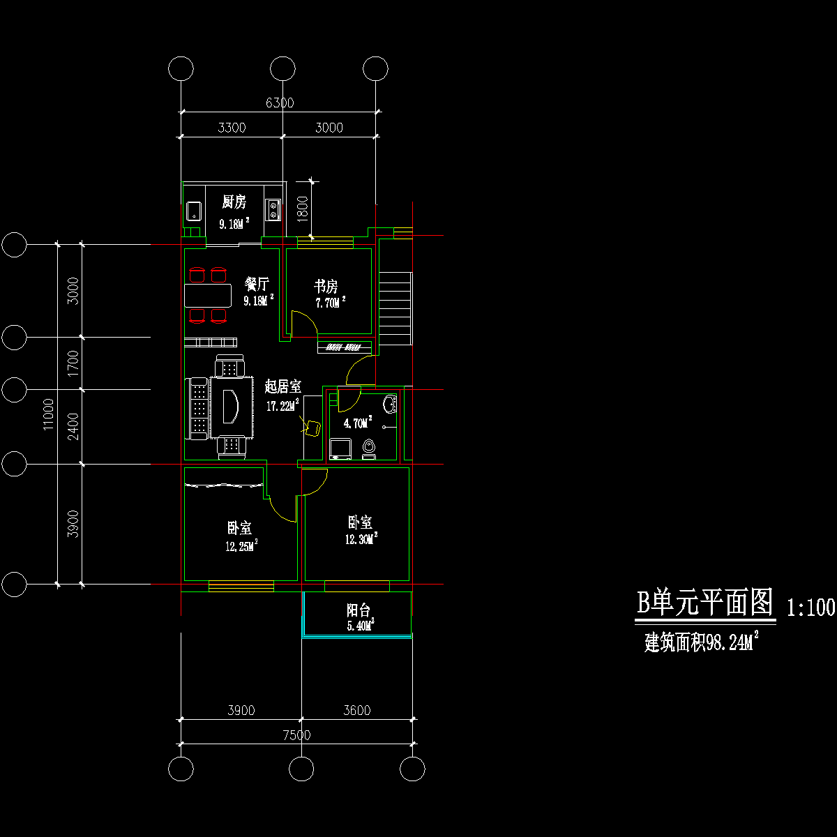 板式多层三室单户户型CAD图纸 - 1