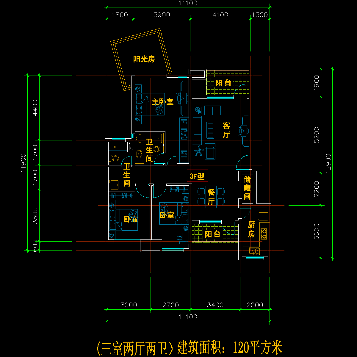 板式多层单户三室二厅二卫户型CAD图纸 - 1