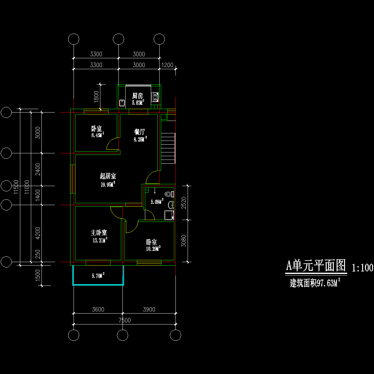 板式多层三室单户户型CAD图纸 - 1