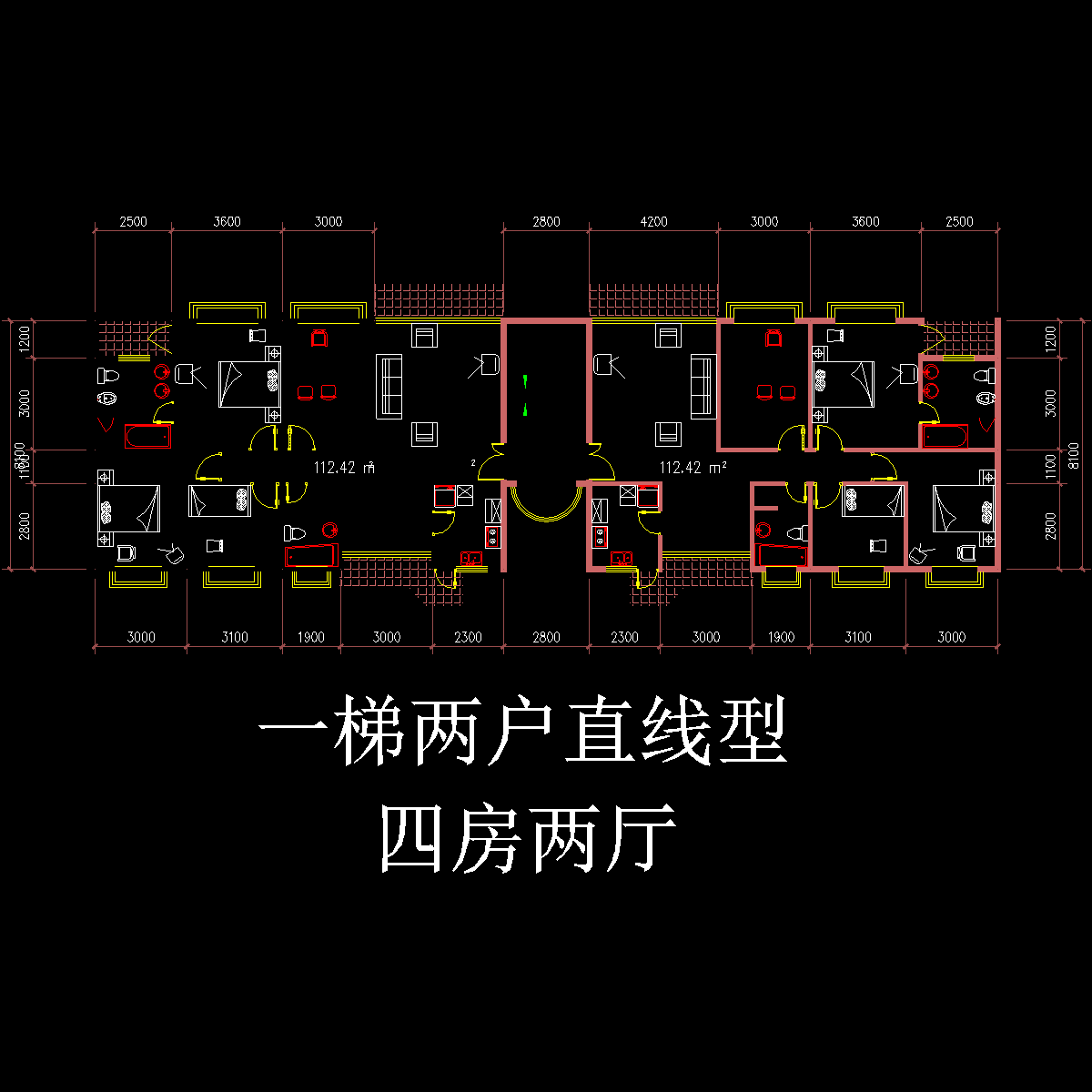 板式多层一梯二户直线型户型CAD图纸 - 1