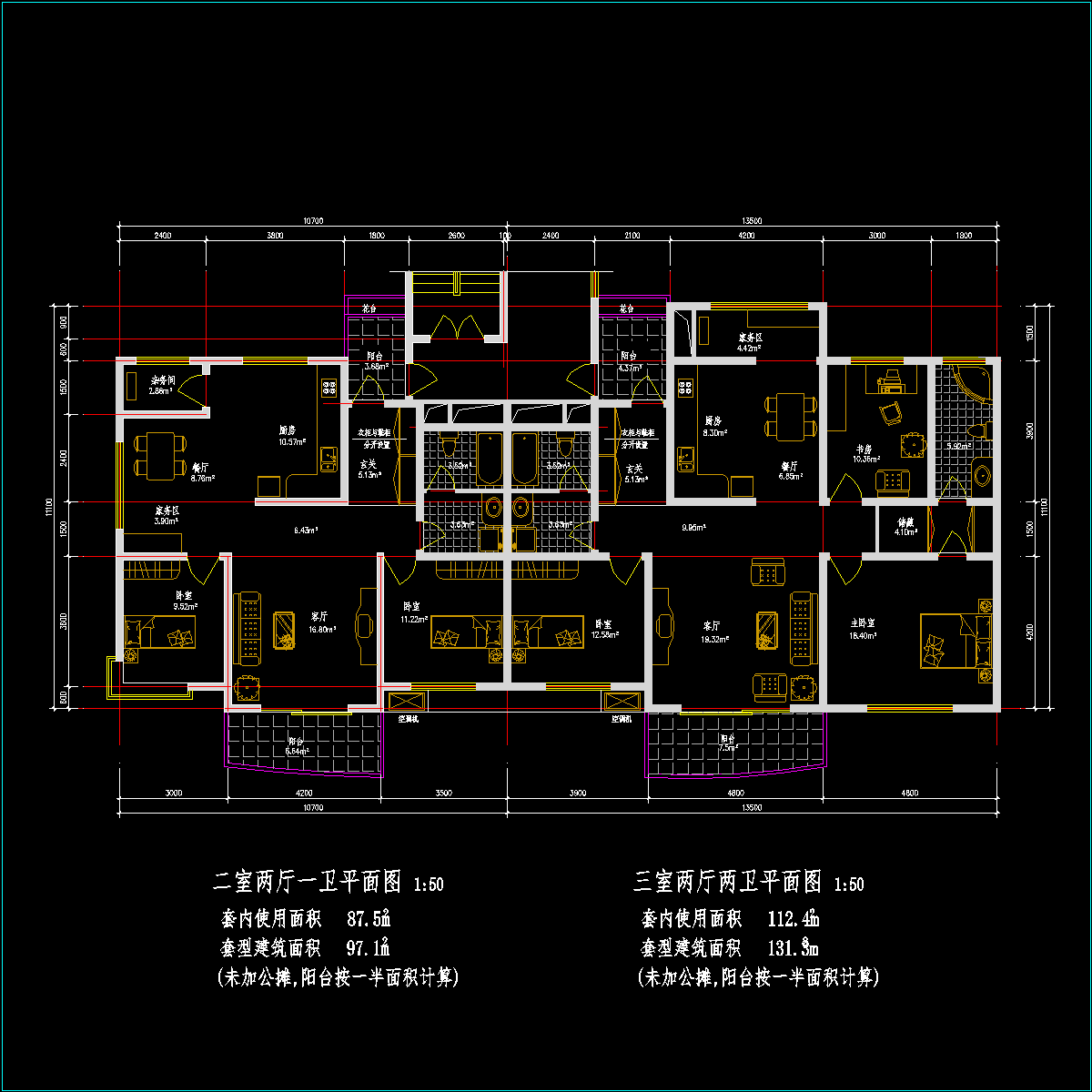 板式多层一梯二户户型CAD图纸 - 1