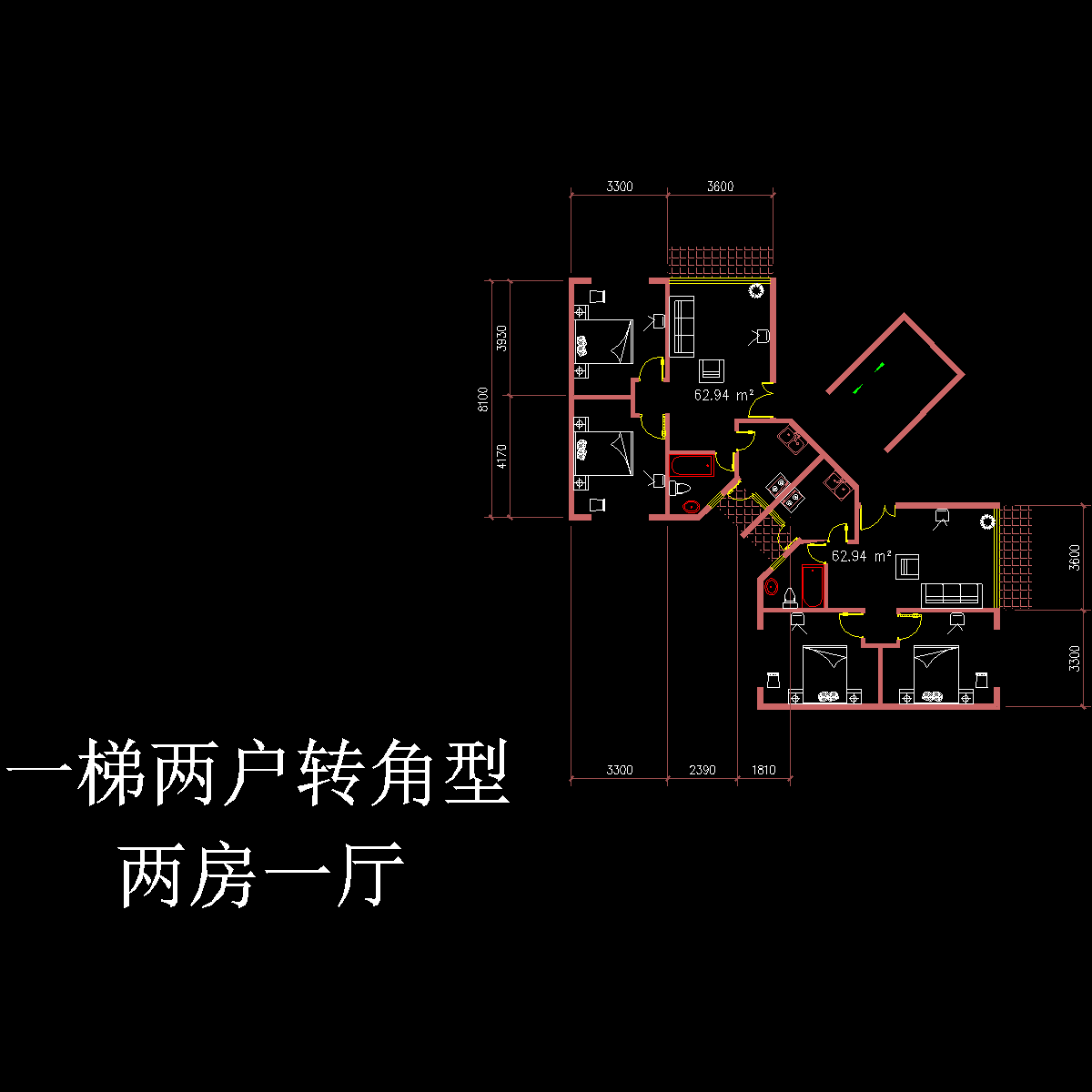 板式多层一梯二户转角型二室一厅户型CAD图纸 - 1