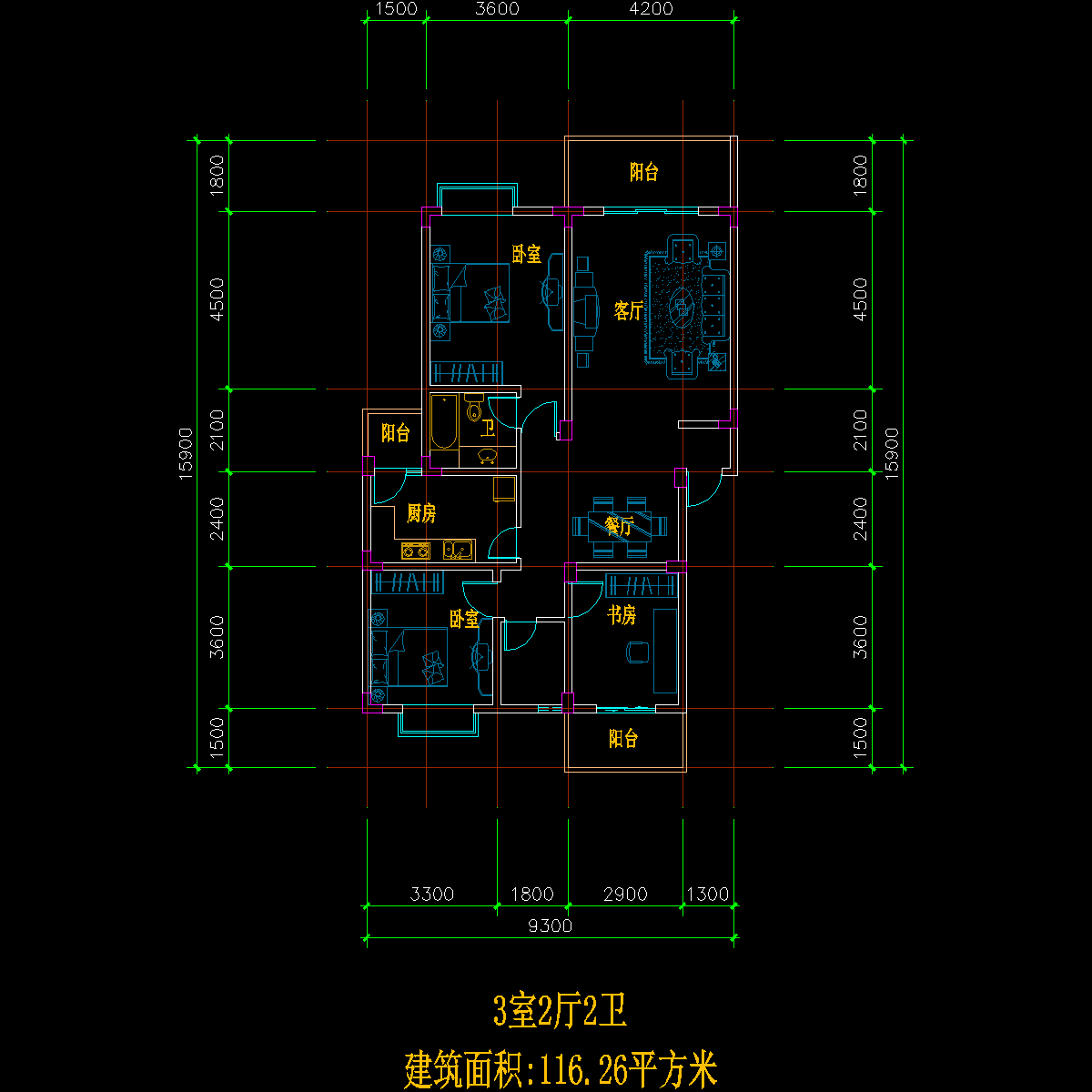 板式多层单户三室二厅二卫户型CAD图纸 - 1