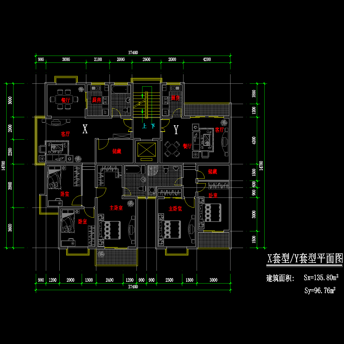 板式高层一梯两户户型CAD图纸 - 1