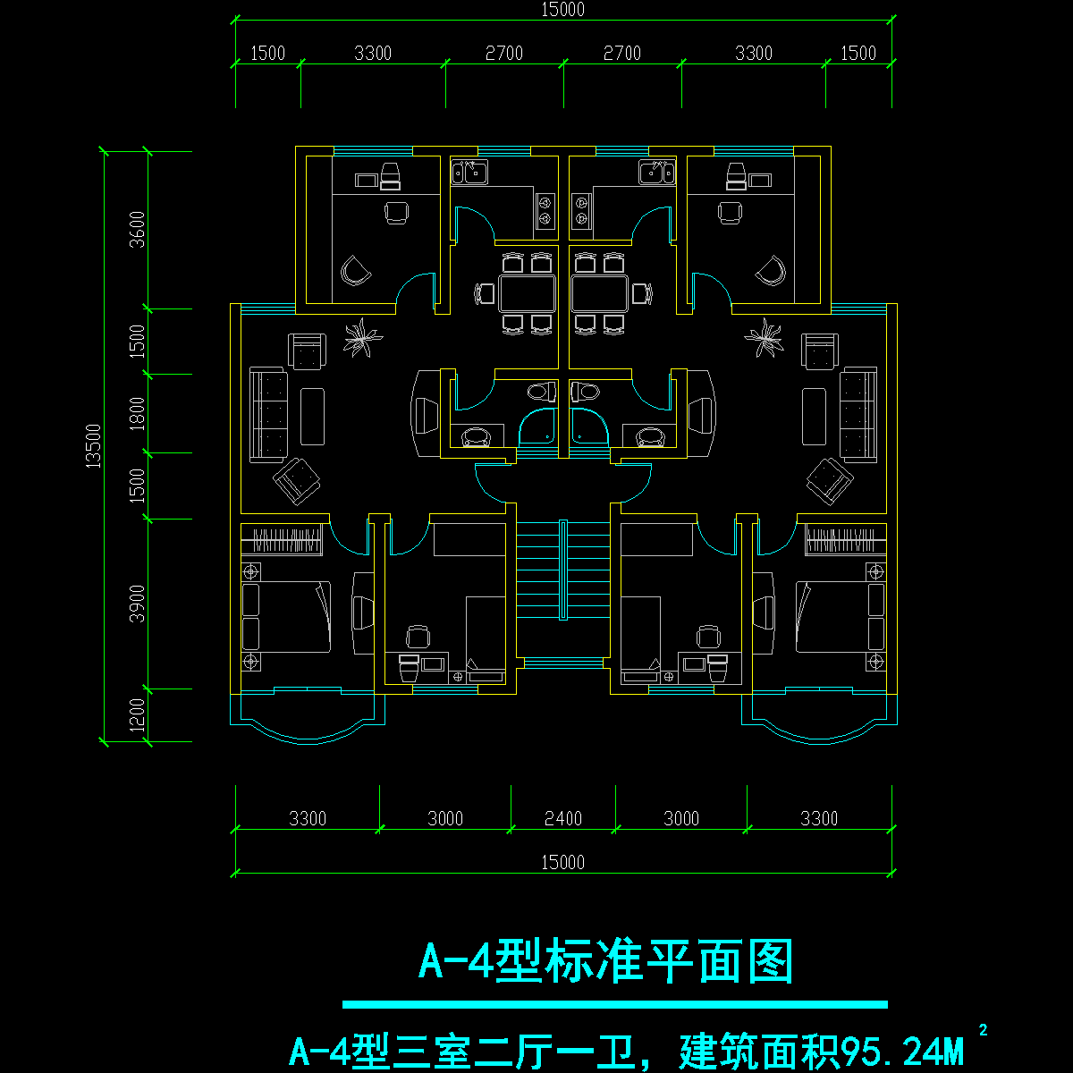 板式多层一梯二户三室二厅一卫户型CAD图纸 - 1