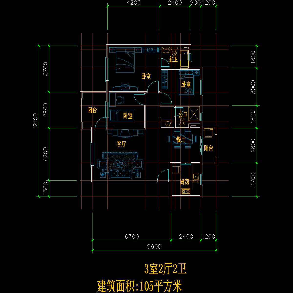 板式多层单户三室二厅二卫户型CAD图纸 - 1