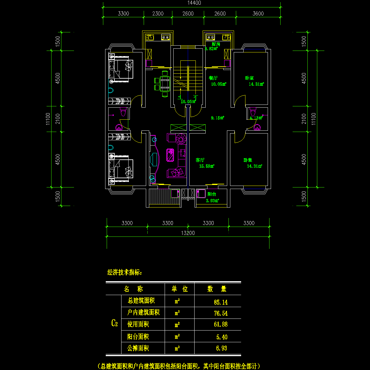 板式多层一梯两户C户型CAD图纸 - 1
